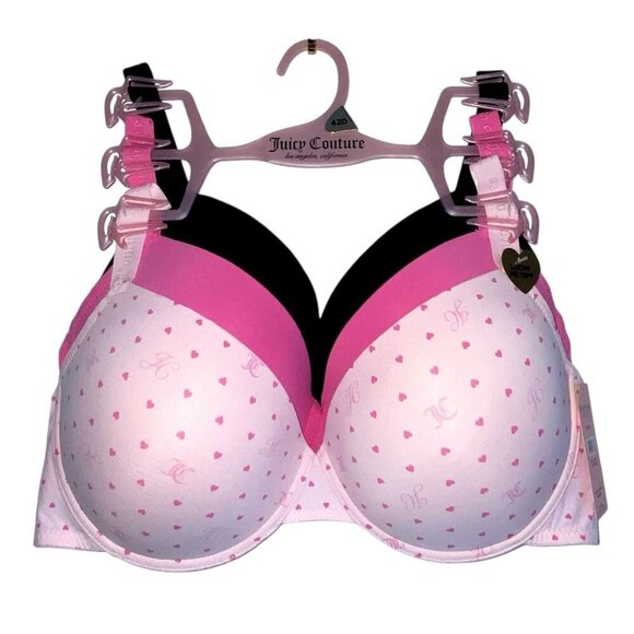 Juicy Couture Light Pink Heart Print, Solid Pink & Black 3 Pc Bra Set Size 42D - Picture 4 of 6